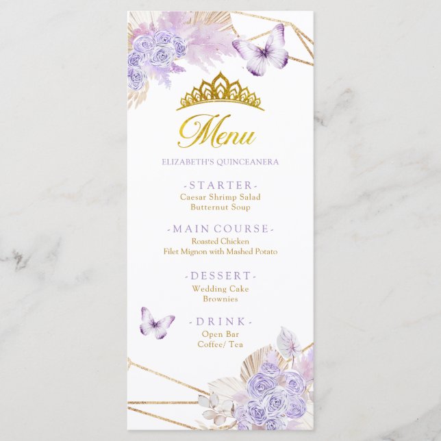 Boho Lila Butterfly Blommigt Princesa Quinceañera Meny (Framsida)