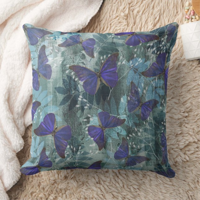 Boho Lila Butterfly & Cyan Botanical Original Kudde (Filt)