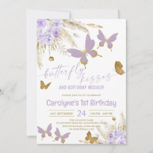 Boho Lila Butterfly Kisses och Birthday Önskemål Inbjudningar