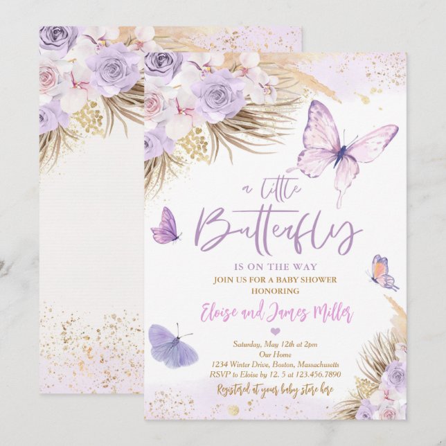 Boho Lila Butterfly Pampas Grass Baby Shower Inbjudningar (Fram/baksida)