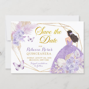 Boho Lila Butterfly Quinceañera Spara datum Inbjudningar