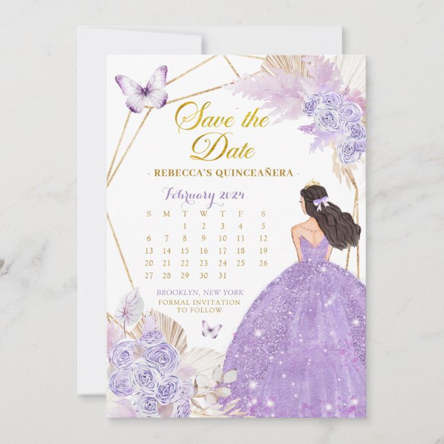 Boho Lila Butterfly XV Spara datumkalender Inbjudningar (Framsida)