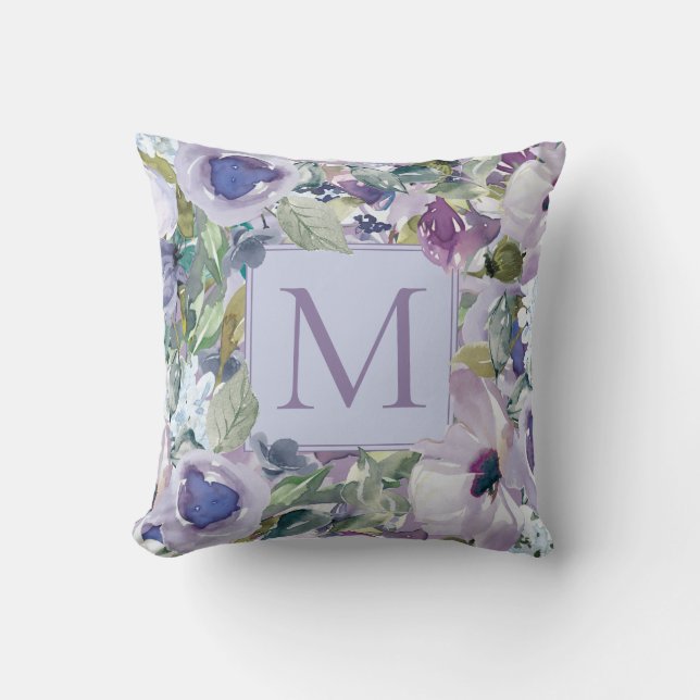 Boho lila dammig blå akvarell blomster monogram kudde (Framsida)