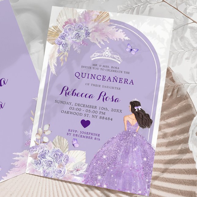 Boho Lila Dress Princess Blommigt Quinceañera Inbjudningar (Skapare uppladdad)
