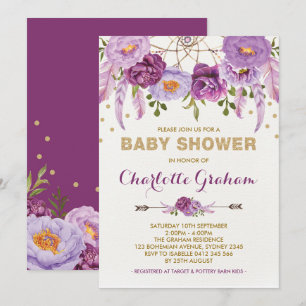Boho lila drömmfångare för baby shower inbjudningar
