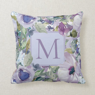 Boho Lila Dusty Blue Watercolor Blommigt Monogram Kudde