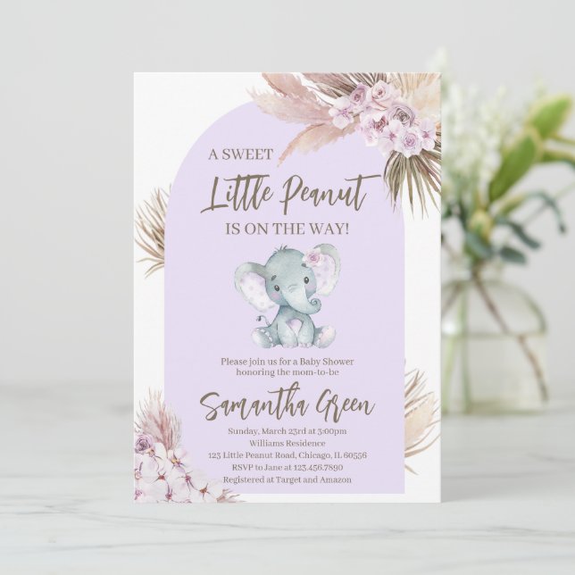 Boho lila elefant baby shower inbjudan (Stående Fram)