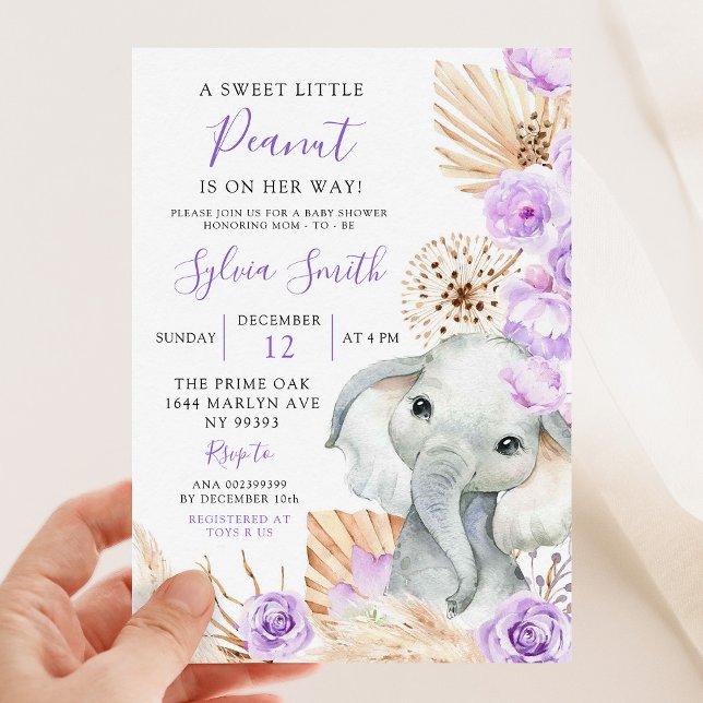 Boho Lila Elephant Girl Blommigt Baby Shower Inbjudningar (Skapare uppladdad)