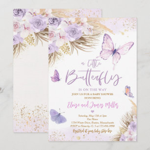Boho lila fjäril Pampas gräs Baby Shower Inbjudningar