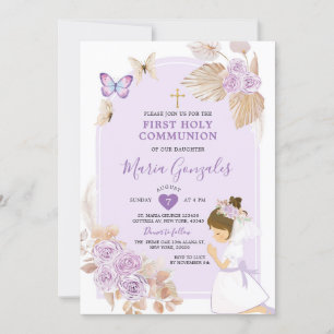 Boho Lila Girl First Heliga Communion Butterfly Inbjudningar
