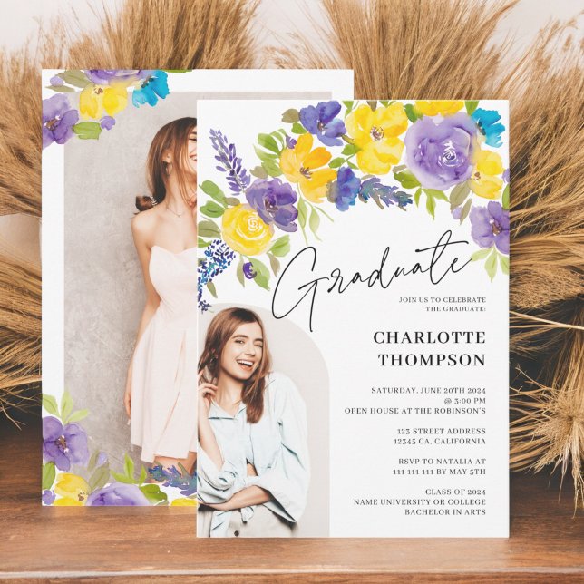 Boho lila gult blommigt foto studenten inbjudningar (Boho purple yellow floral photo graduation invitation)