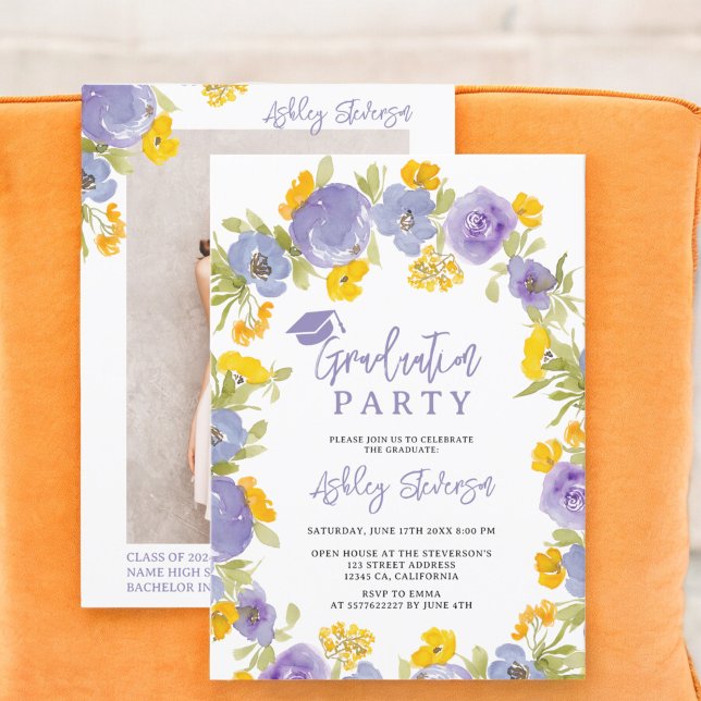Boho lila gult blommigt studenten inbjudningar (Boho purple yellow garden floral graduation invitation)