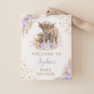 Boho Lila Highland Cow Flicka Shower Välkommen Poster