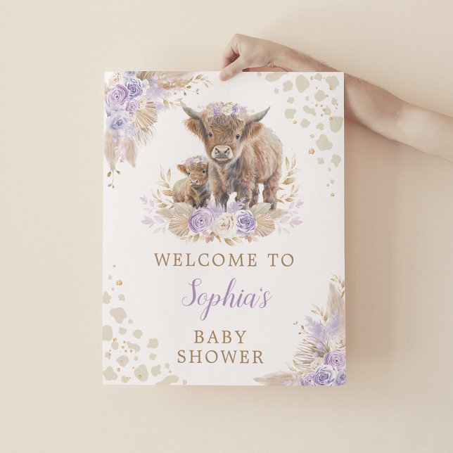 Boho Lila Highland Cow Flicka Shower Välkommen Poster (Skapare uppladdad)