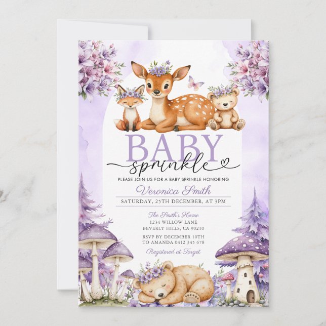 Boho lila hjort skogsmark flicka baby sprinkle inbjudningar (Framsida)