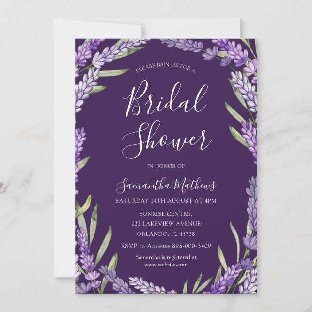 Boho lila lavendel vattenfärg bröllopsdusch inbjudningar (Framsida)