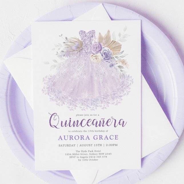 Boho Lila Lilac Quinceañera Princess Dress Inbjudningar (Skapare uppladdad)
