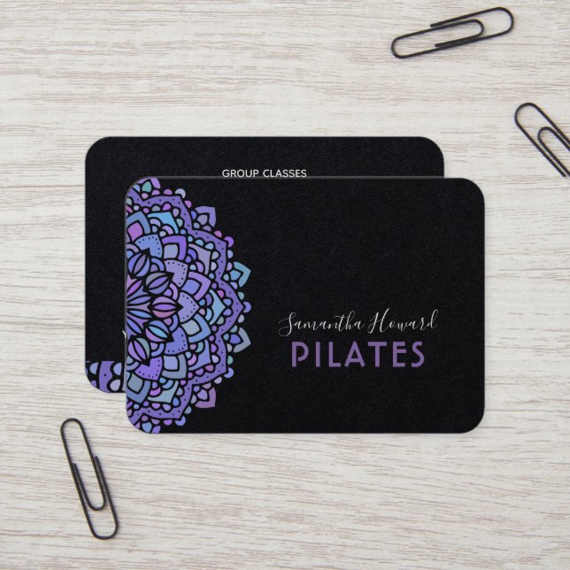 Boho Lila Mandala Pilates Black Visitkort (Fram/Back In Situ)