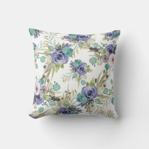 Boho Lila och Grönt Blommigt Kudde