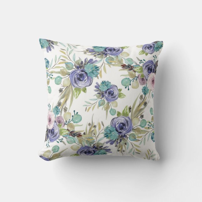 Boho Lila och Grönt Blommigt Kudde (Framsida)