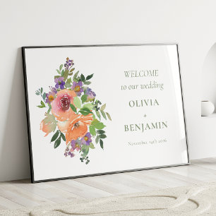 Boho Lila Orange Blommigt Bröllop Välkommen Poster