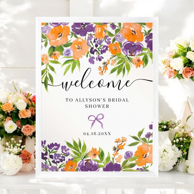 Boho Lila Orange Blommigt Möhippa Välkommen till B Poster (Boho Purple Orange Floral Bridal Welcome Poster)