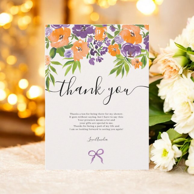 Boho lila orange blomster vattenfärg bröllopsdusch tack kort (Boho Purple Orange Floral Watercolor Bridal Shower Thank You Card)