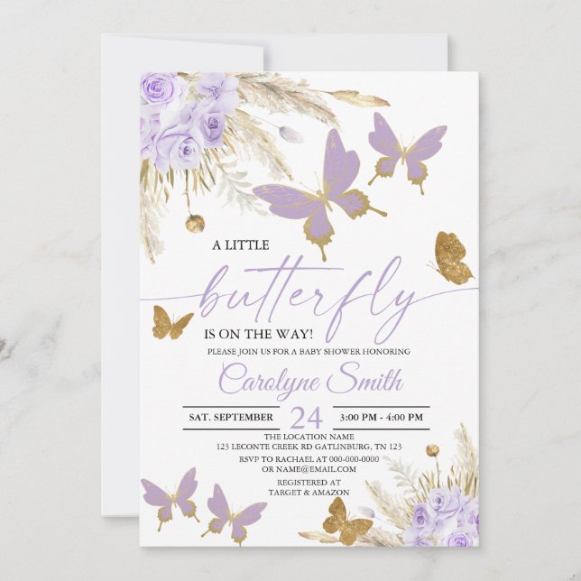 Boho Lila Pampas Grass Butterfly Baby Shower Inbjudningar (Framsida)