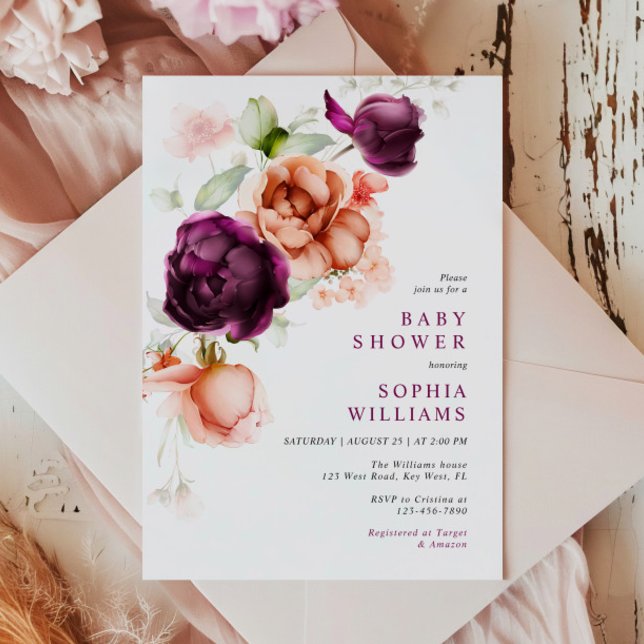 Boho Lila & Peach Flowers Baby Shower Inbjudningar (Skapare uppladdad)