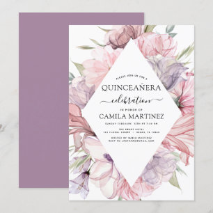 Boho Lila Quinceañera Dusty Rosa Blommigt Invati Inbjudningar