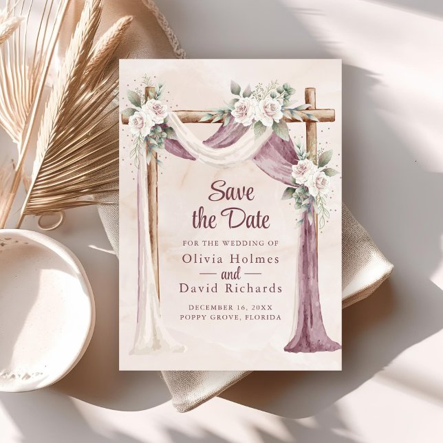 Boho Lila Rosa Blommig Canopy Save the Date-kort Inbjudningar (Boho Purple Pink Floral Cenopy Save the Date Card on boho wedding table.)