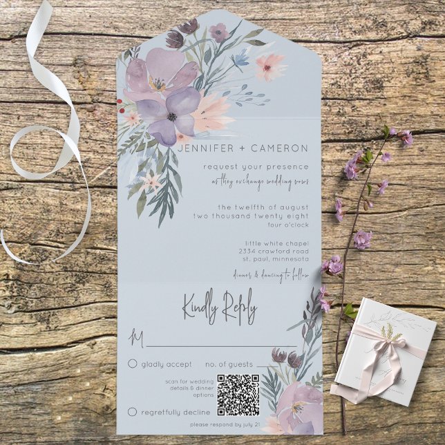Boho Lila Rosa & Blue Blommigt Blue QR-kod (Also available without a QR code; with or without dinner selection options.)