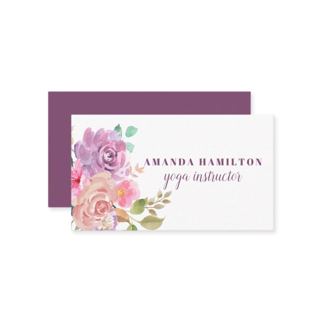 Boho Lila Rosa Flowers in bloom Watercolor Visitkort (Fram/Back In Situ)