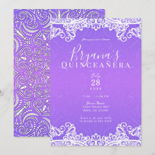 Boho Lila Rosa Vitt Spets 15-års Quinceañera-fest Inbjudningar
