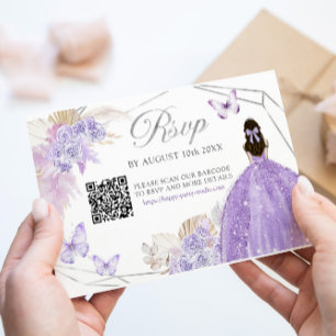 Boho Lila Silver Blommigt Butterfly Quinceañera QR OSA Kort