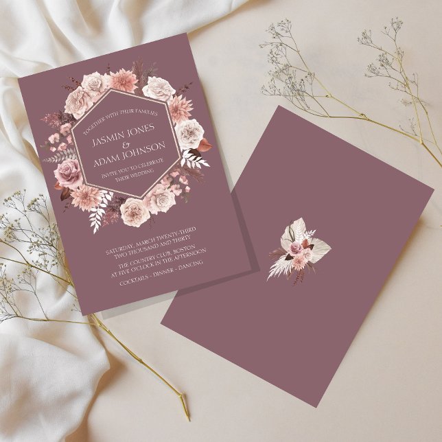 Boho lila torkade blommor krans bröllop inbjudningar (Boho Purple Dried Flowers Wreath Wedding Invitation)