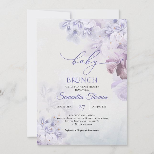 Boho lila vår blommor damsty Blue baby brunch Inbjudningar (Framsida)