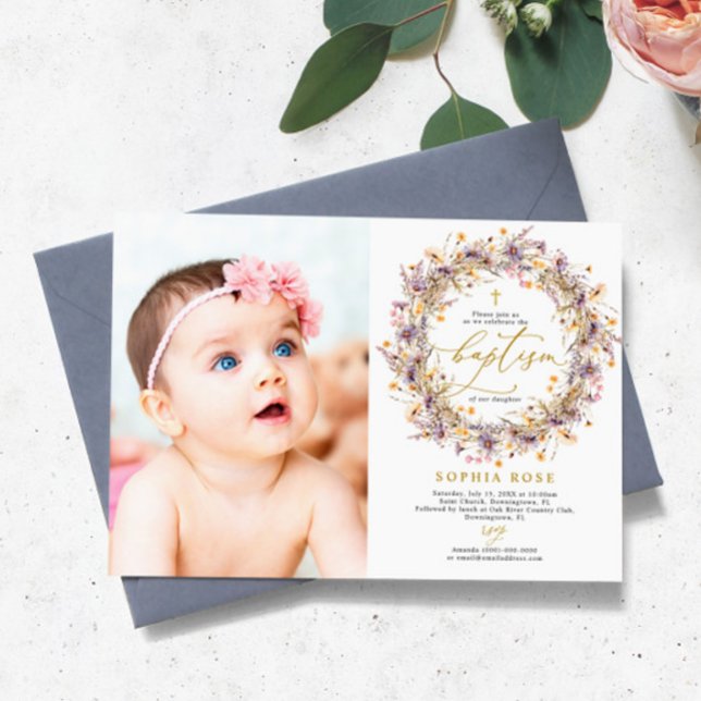 Boho Lila Wildblomfoto Baptism-inbjudan Inbjudningar (Skapare uppladdad)