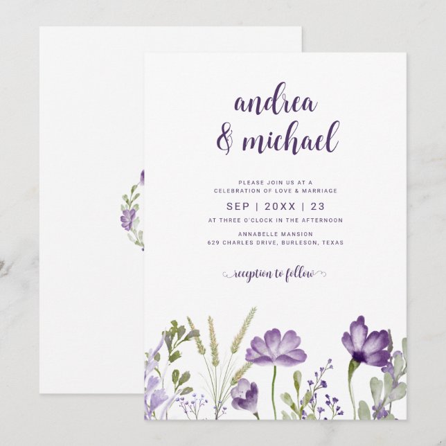 Boho Lila Wildblommor Grass Wedding Investigations Inbjudningar (Fram/baksida)