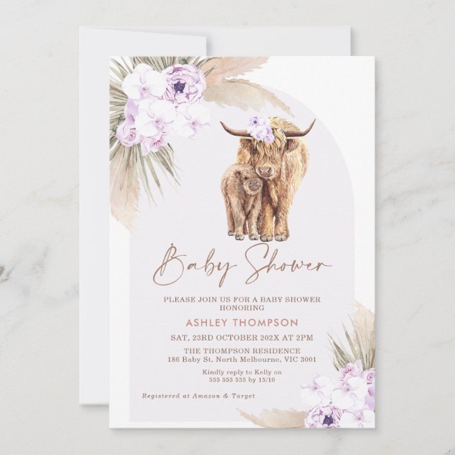 Boho Lilac Blommigt Arch Highland Cow Baby Shower Inbjudningar (Framsida)