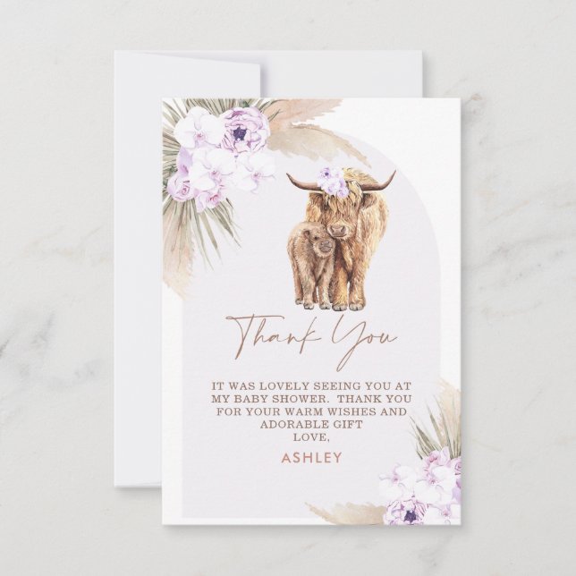 Boho Lilac Blommigt Arch Highland Cow Baby Shower Tack Kort (Framsida)
