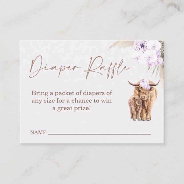 Boho Lilac Cow Baby Shower Diaper Raffle Insert Visitkort (Framsida)