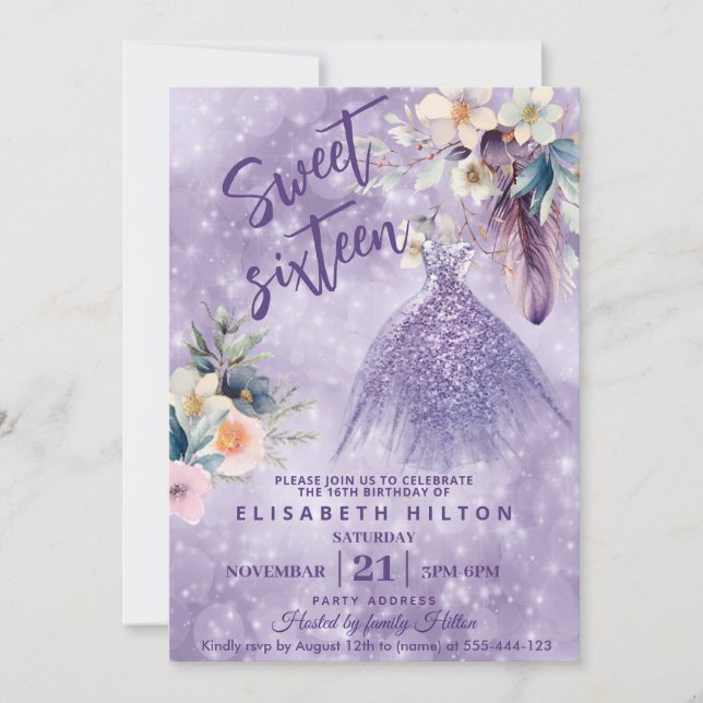 Boho Lilac vild blomma Glitter dress sweet sixteen Inbjudningar (Framsida)