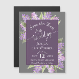 Boho Lilacs Calligraphy Grått Bröllop spara datum Magnetisk Inbjudningskort
