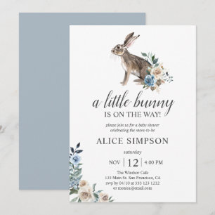 Boho Little Bunny Dust Blåa blommor Baby Shower In Inbjudningar