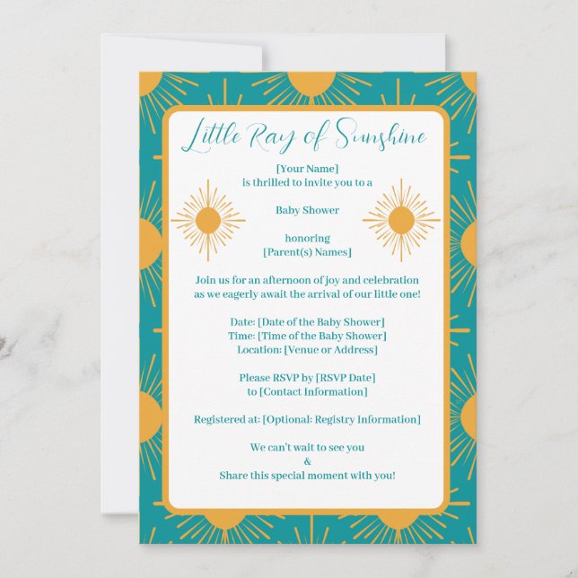 Boho Little Ray of Sunshine Turcos Baby Shower Inbjudningar (Framsida)