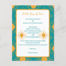 Boho Little Ray Sol Turcouise Birth Announcement