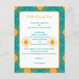 Boho Little Ray Sol Turcouise Birth Announcement Meddelande Vykort