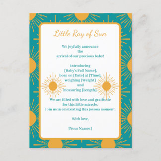 Boho Little Ray Sol Turcouise Birth Announcement Meddelande Vykort
