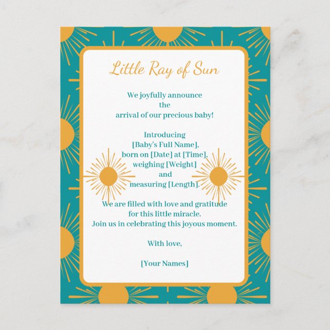 Boho Little Ray Sol Turcouise Birth Announcement Meddelande Vykort (Framsida)
